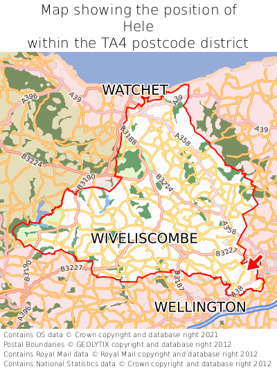 Map showing location of Hele within TA4