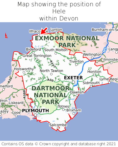 Map showing location of Hele within Devon