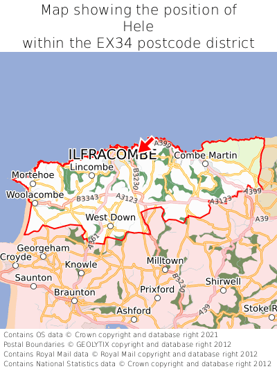 Map showing location of Hele within EX34