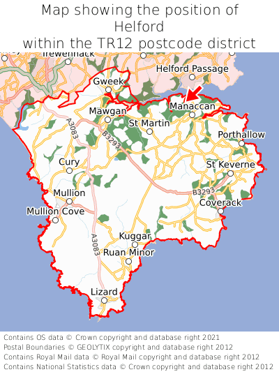 Map showing location of Helford within TR12