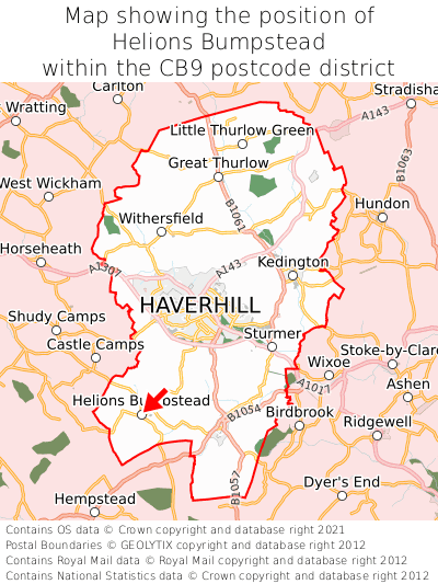 Map showing location of Helions Bumpstead within CB9