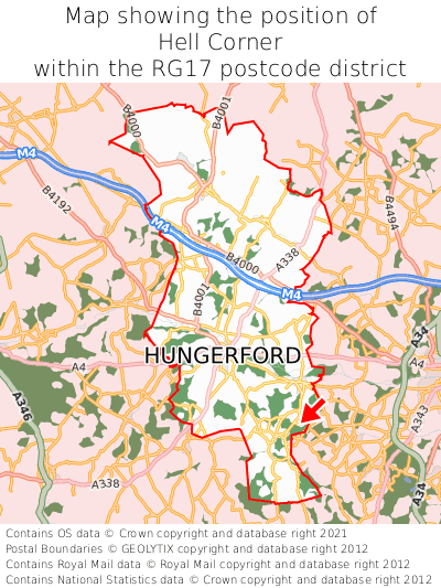 Map showing location of Hell Corner within RG17