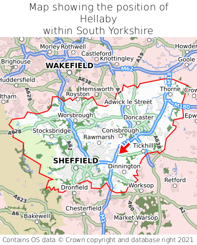 Map showing location of Hellaby within South Yorkshire