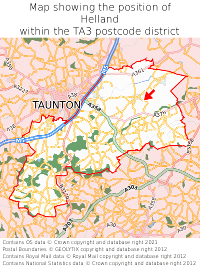 Map showing location of Helland within TA3