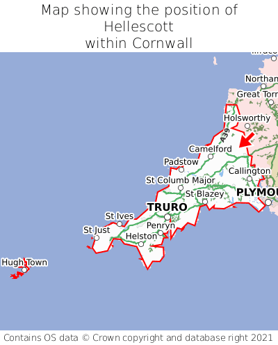 Map showing location of Hellescott within Cornwall