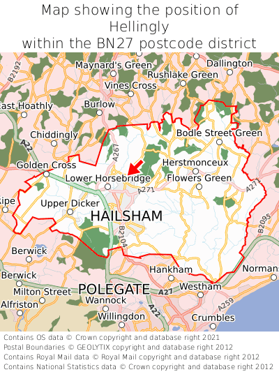 Map showing location of Hellingly within BN27
