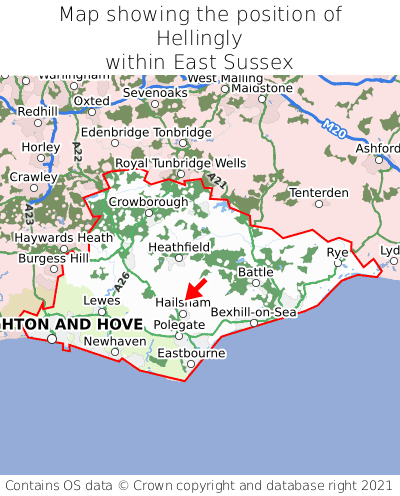 Map showing location of Hellingly within East Sussex