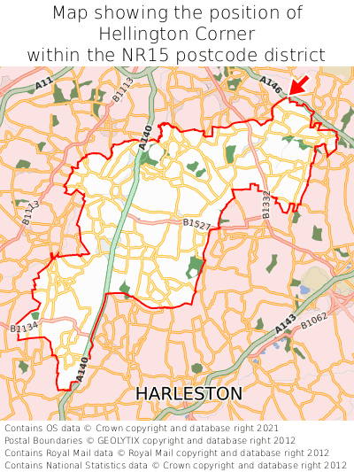 Map showing location of Hellington Corner within NR15