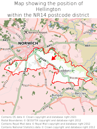 Map showing location of Hellington within NR14