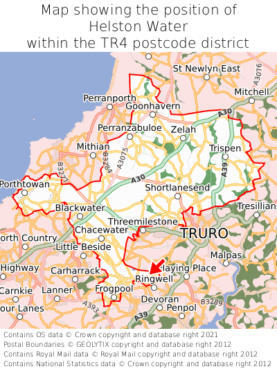 Map showing location of Helston Water within TR4