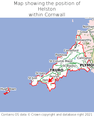 Map showing location of Helston within Cornwall