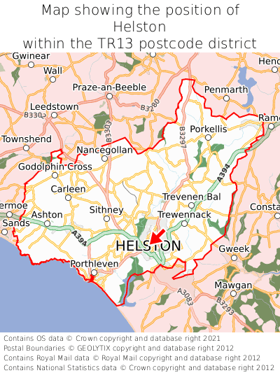 Map showing location of Helston within TR13