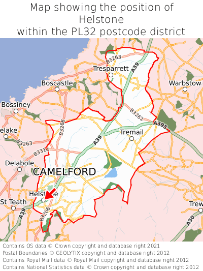 Map showing location of Helstone within PL32