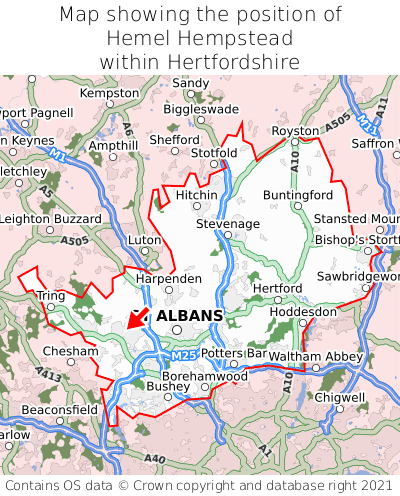 Map showing location of Hemel Hempstead within Hertfordshire