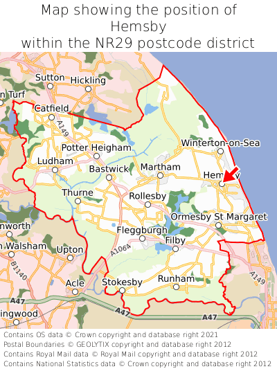 Map showing location of Hemsby within NR29