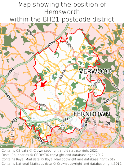 Map showing location of Hemsworth within BH21