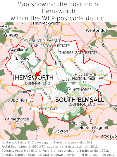 Map showing location of Hemsworth within WF9