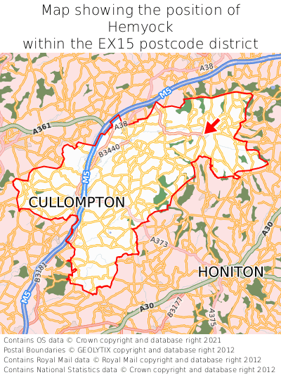 Map showing location of Hemyock within EX15