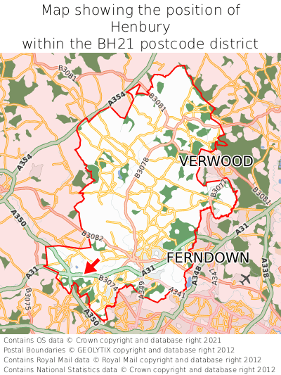 Map showing location of Henbury within BH21