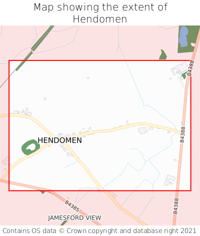 Map showing extent of Hendomen as bounding box