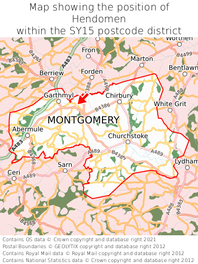 Map showing location of Hendomen within SY15