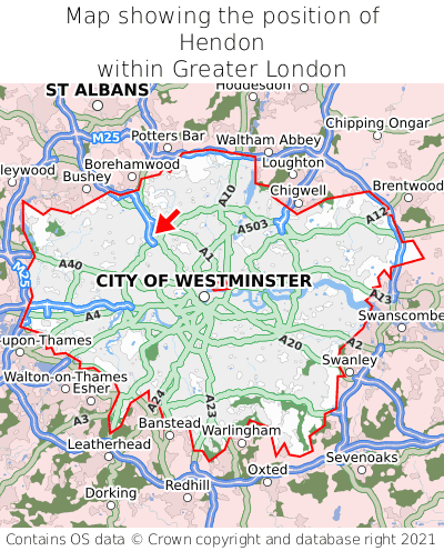 Map showing location of Hendon within Greater London