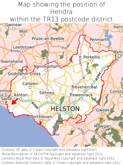 Map showing location of Hendra within TR13