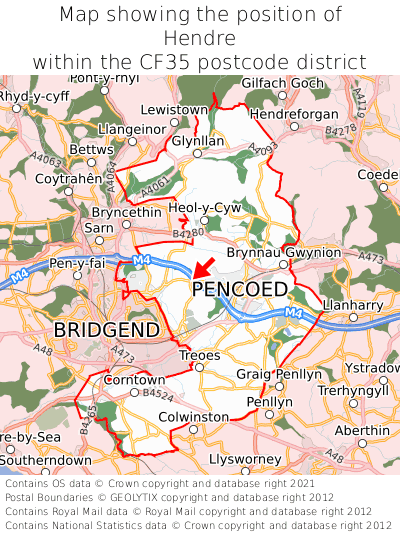 Map showing location of Hendre within CF35
