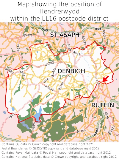 Map showing location of Hendrerwydd within LL16
