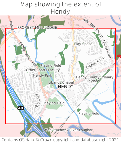 Map showing extent of Hendy as bounding box