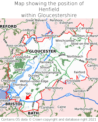 Map showing location of Henfield within Gloucestershire