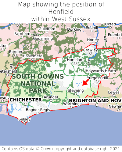 Map showing location of Henfield within West Sussex
