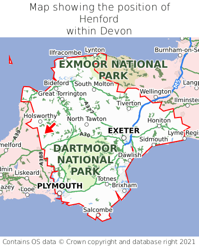Map showing location of Henford within Devon
