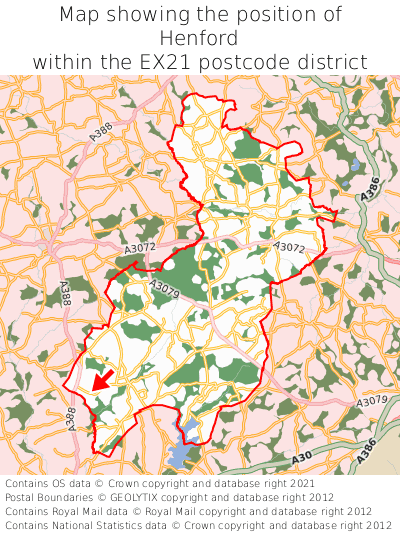 Map showing location of Henford within EX21