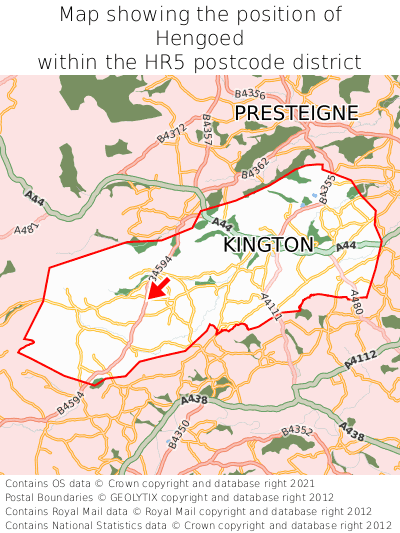 Map showing location of Hengoed within HR5