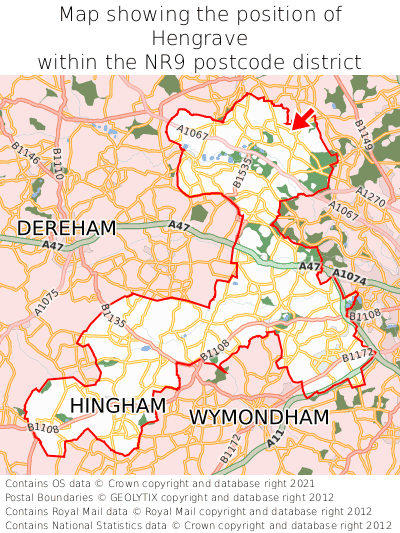 Map showing location of Hengrave within NR9