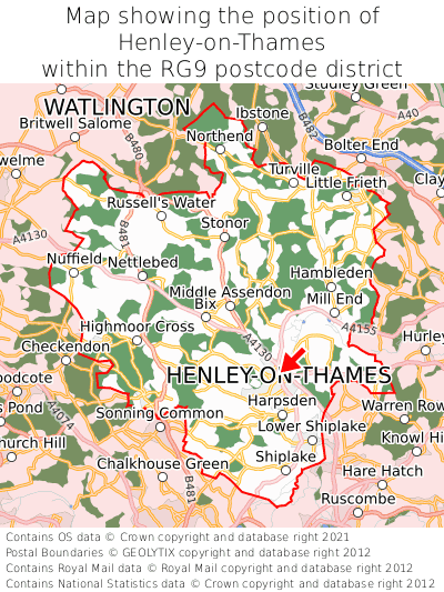 Map showing location of Henley-on-Thames within RG9