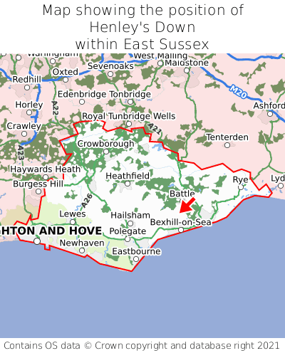 Map showing location of Henley's Down within East Sussex