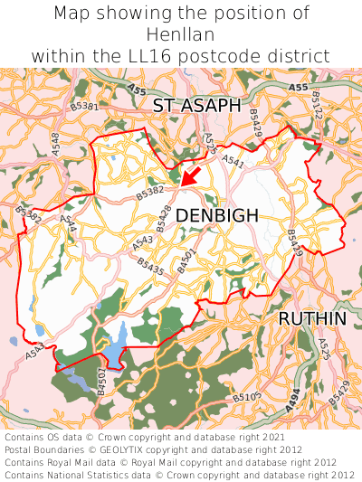 Map showing location of Henllan within LL16