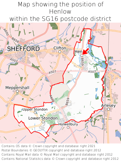 Map showing location of Henlow within SG16