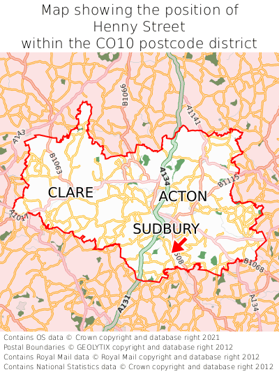 Map showing location of Henny Street within CO10