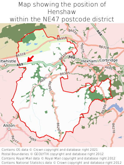 Map showing location of Henshaw within NE47