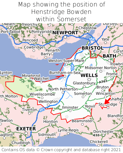 Map showing location of Henstridge Bowden within Somerset