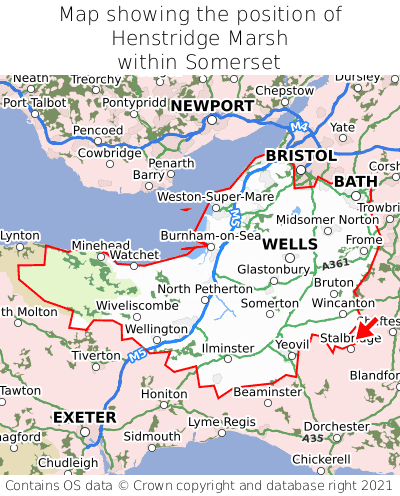 Map showing location of Henstridge Marsh within Somerset