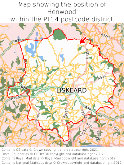 Map showing location of Henwood within PL14
