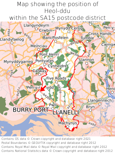 Map showing location of Heol-ddu within SA15