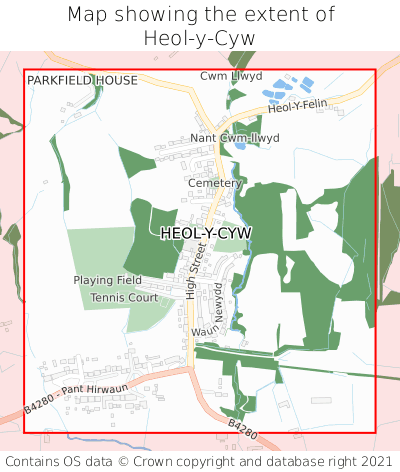 Map showing extent of Heol-y-Cyw as bounding box