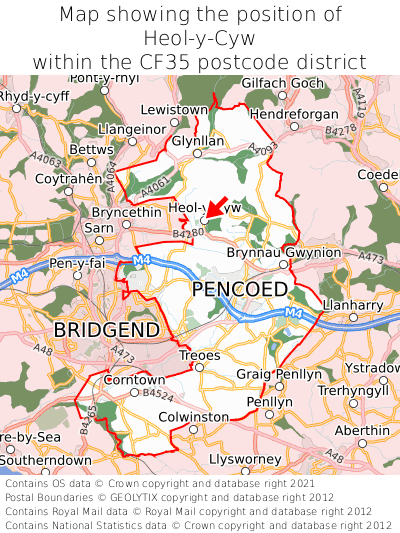 Map showing location of Heol-y-Cyw within CF35