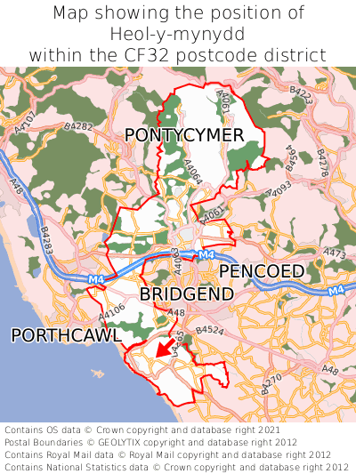 Map showing location of Heol-y-mynydd within CF32