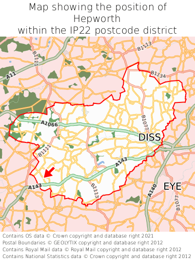 Map showing location of Hepworth within IP22